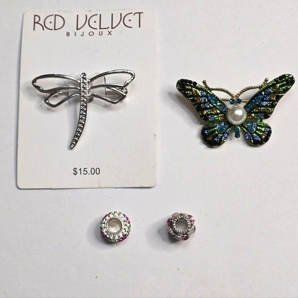 Red Velvet Bijoux Dragonfly Pin Butterfly Brooch & Heart Charm Jewelry Lot